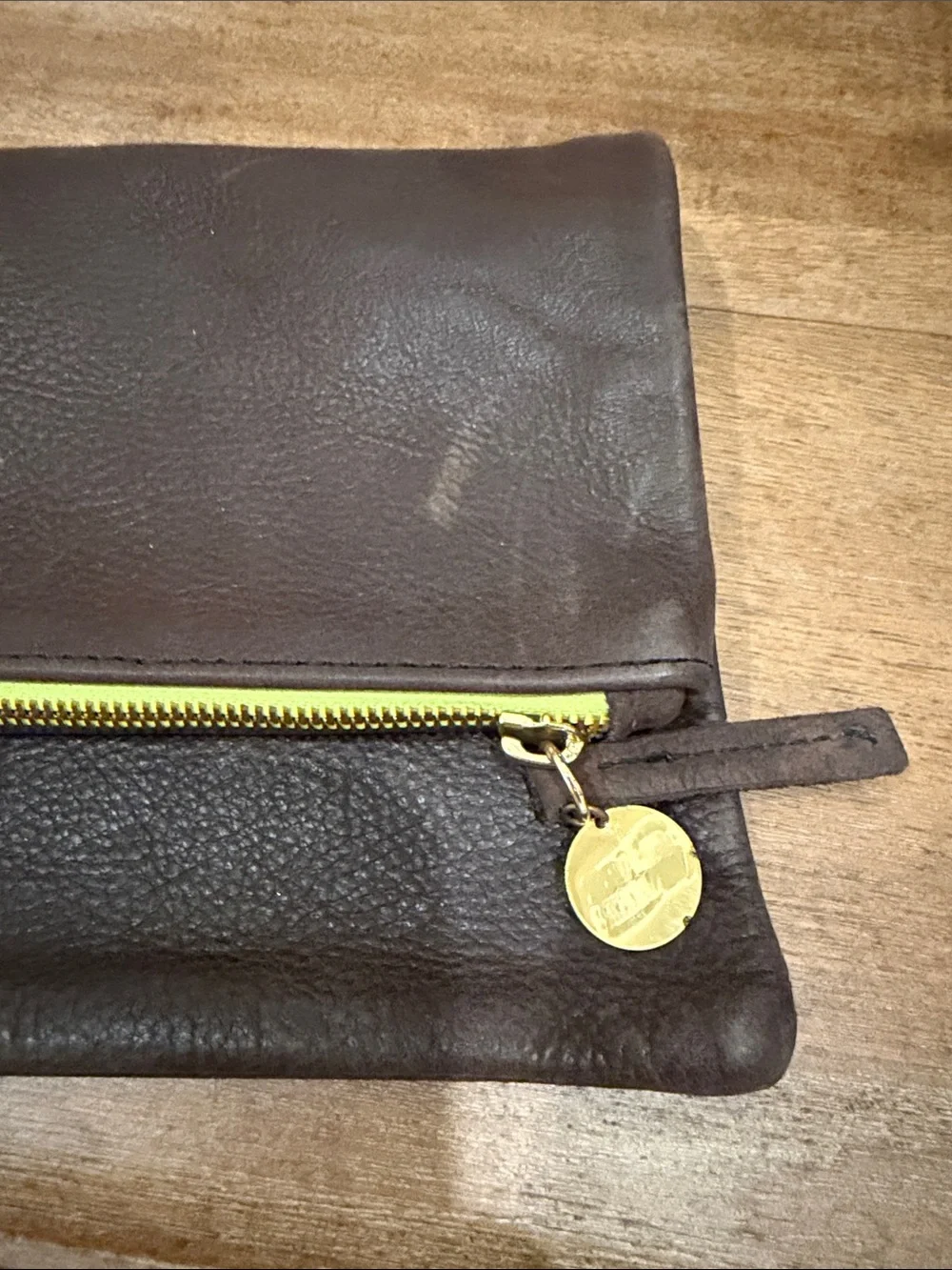 Men's Brown Leather Clutch with Yellow Zipper